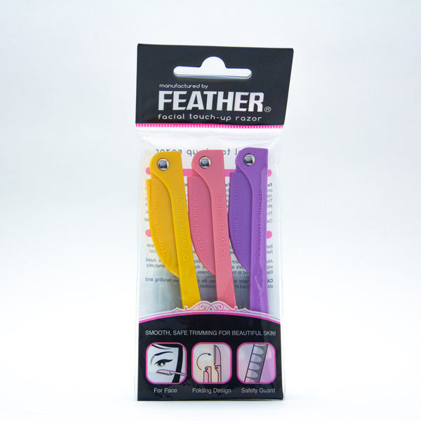 Feather Flamingo Facial Touch-up Razor (pack of 3):   The perfect precision touch-up tool for your face. Platinum-hardened Japanese stainless steel provides precision and long lasting use. The Safety guard adds an extra measure of protection for your skin. The resin coats the blade to provide a gentle, smooth shave. Stores easily and ideal for travel.